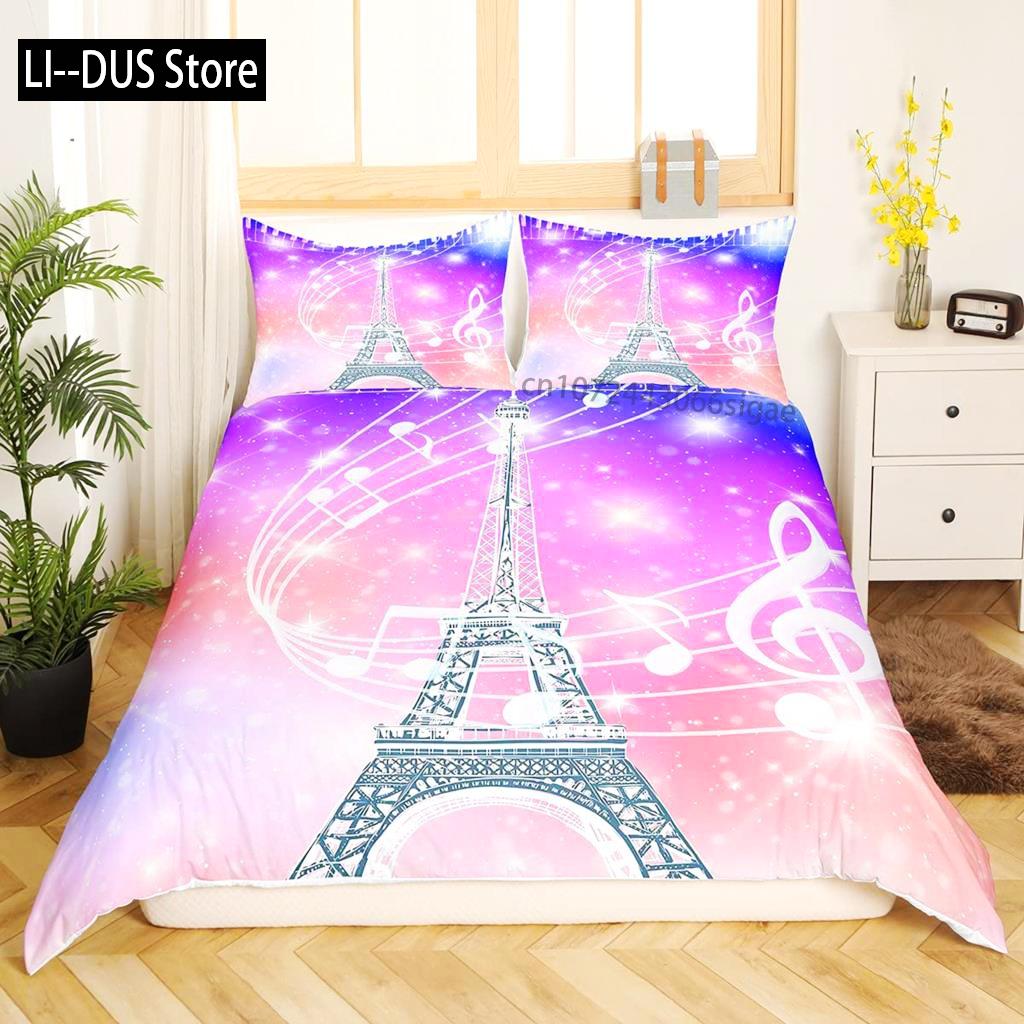 Eiffel Tower Duvet Cover Set King Size Paris Tower Bedding Set For Boy Girl Polyester Paris Cityscape Wooden Texture Quilt Cover