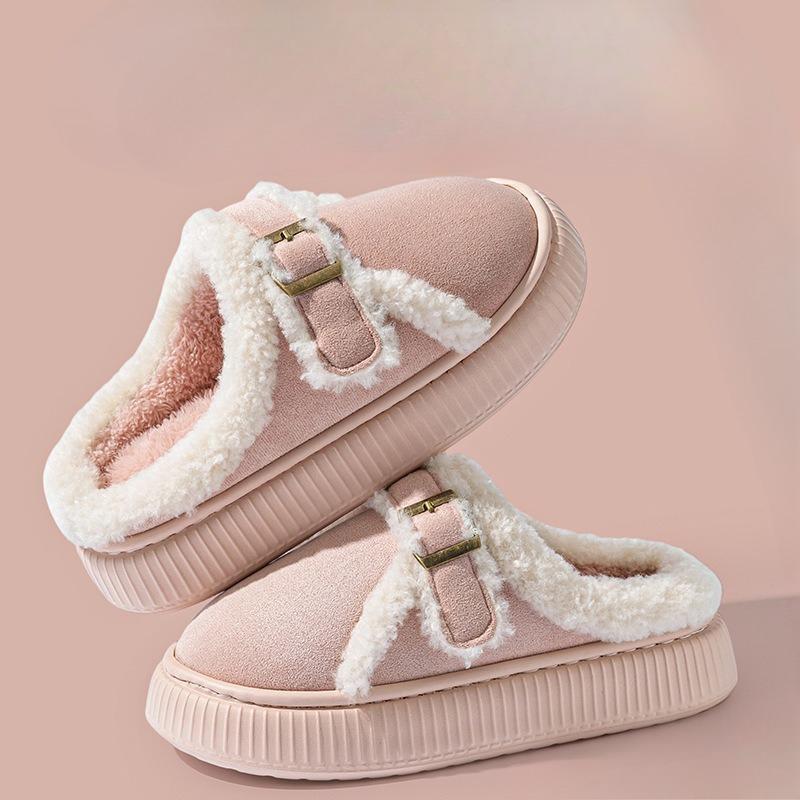 Thick Plush Warm Slippers, Women's Fashionable Buckle Home Anti-slip Cotton Shoes