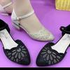 Hollowed-out Soft-soled Sandals Mid-heel Thick Heel Shallow Toe Pointed Rhinestone One-shoulder Strap Women's Shoes Devotion