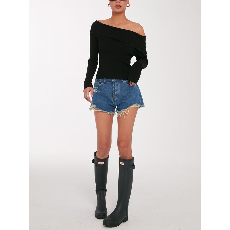 Discoglam Classic Versatile Cold-Shoulder Sweater Black Silm Slim Looking off-Shoulder Knitting Tops Female Spring & Fall