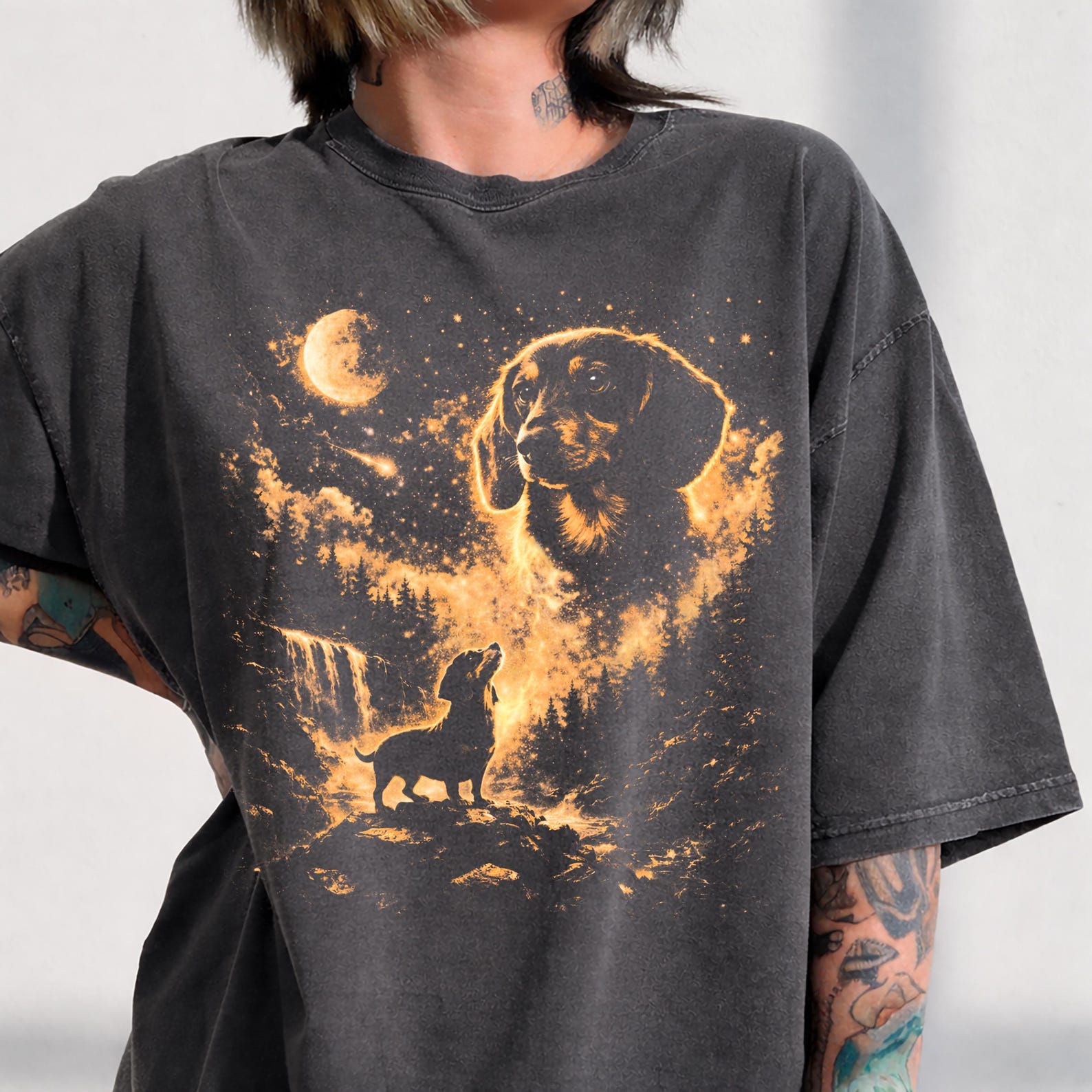 Dachshund Howling Moon Shirt, 90s Wiener Dog Celestial Graphic Tee XL
