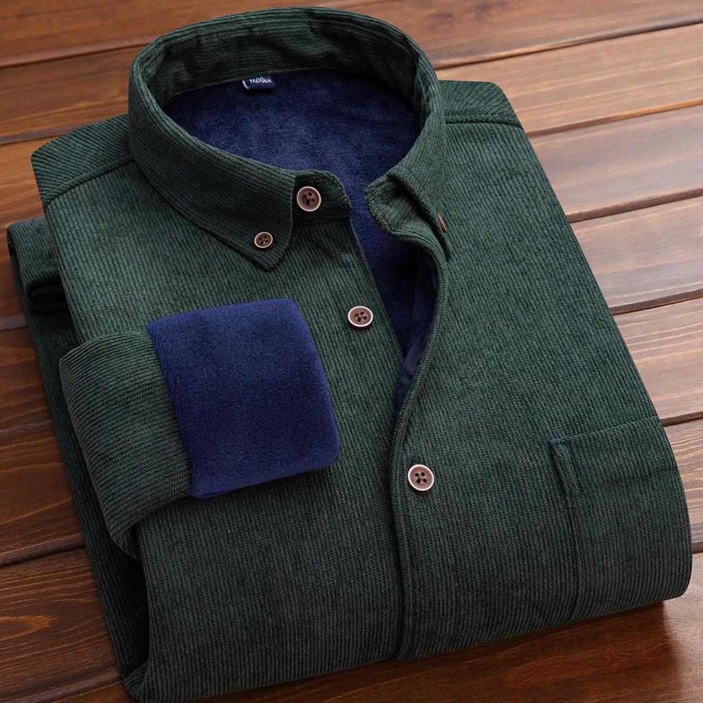 Thermal Men's Long Sleeve Shirt  Solid Corduroy with Fleece Lining for Cold Days plus size