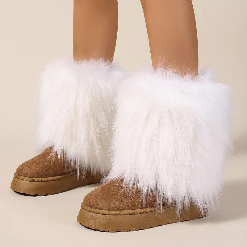 Winter women faux fur snow boots warm short plush lining fluffy fashion furry shoes woman platform suede leather ankle boots