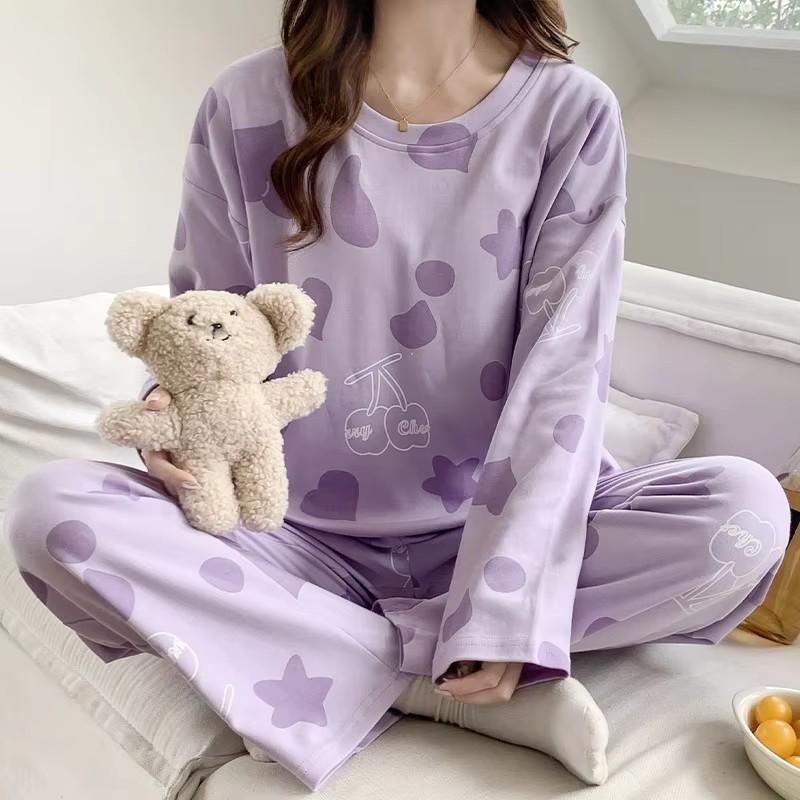 2Pcs/Set Spring and Autumn Women Pajamas Cute Floral Cotton Cartoon Long-Sleeved Clothing Korean Elastic HomeWear