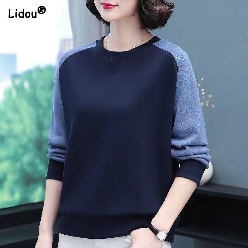 

Повседневные тонкие хлопковые облегающие пуловеры с лоскутным круглым вырезом из синтетического волокна, осенне-зимняя женская одежда, горячие продажи 4XL