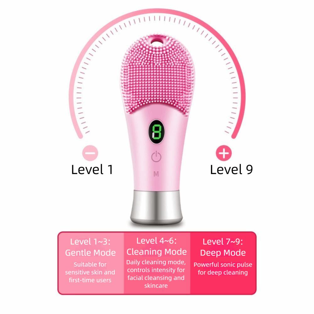 Silicone Electric Ultrasonic Scrubber High Frequency Vibration 9 Gear Sonic Scrubber Waterproof Rechargeable
