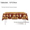 Graduation Party Disposable Tableware Set: Paper Plates, Cups, Banner, Tablecloth, and Knives. Perfect for University Graduation Celebrations.