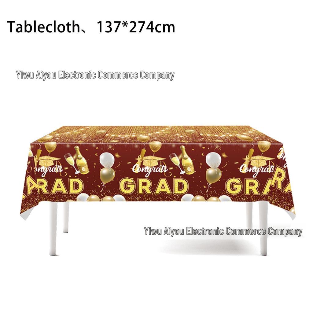 Graduation Party Disposable Tableware Set: Paper Plates, Cups, Banner, Tablecloth, and Knives. Perfect for University Graduation Celebrations.