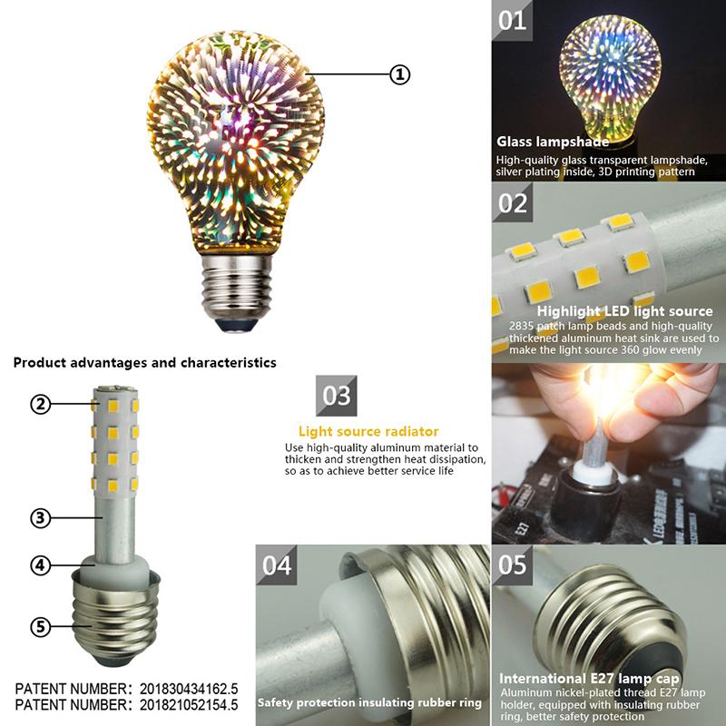 1 Stück 3D Dekoration LED E27 4.5W 85-265V Vintage Edison Glühbirne Stern Feuerwerkslampe Feiertags-Nachtlicht Weihnachtsbaumdeko
