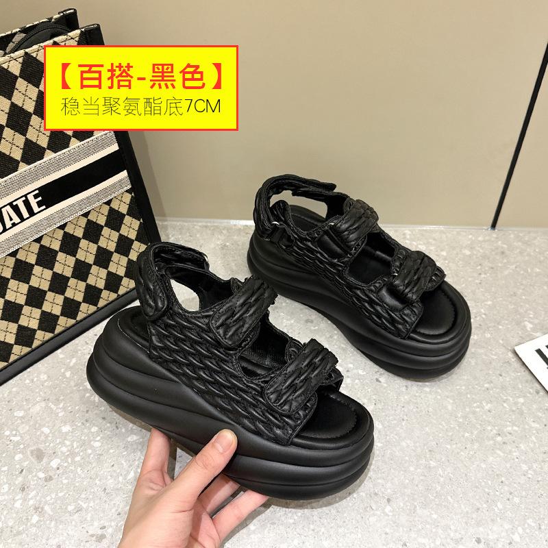 2025 summer new Xiaoxiangfeng Velcro platform sandals women's solid color sports wind flat bottom beach cool slippers women