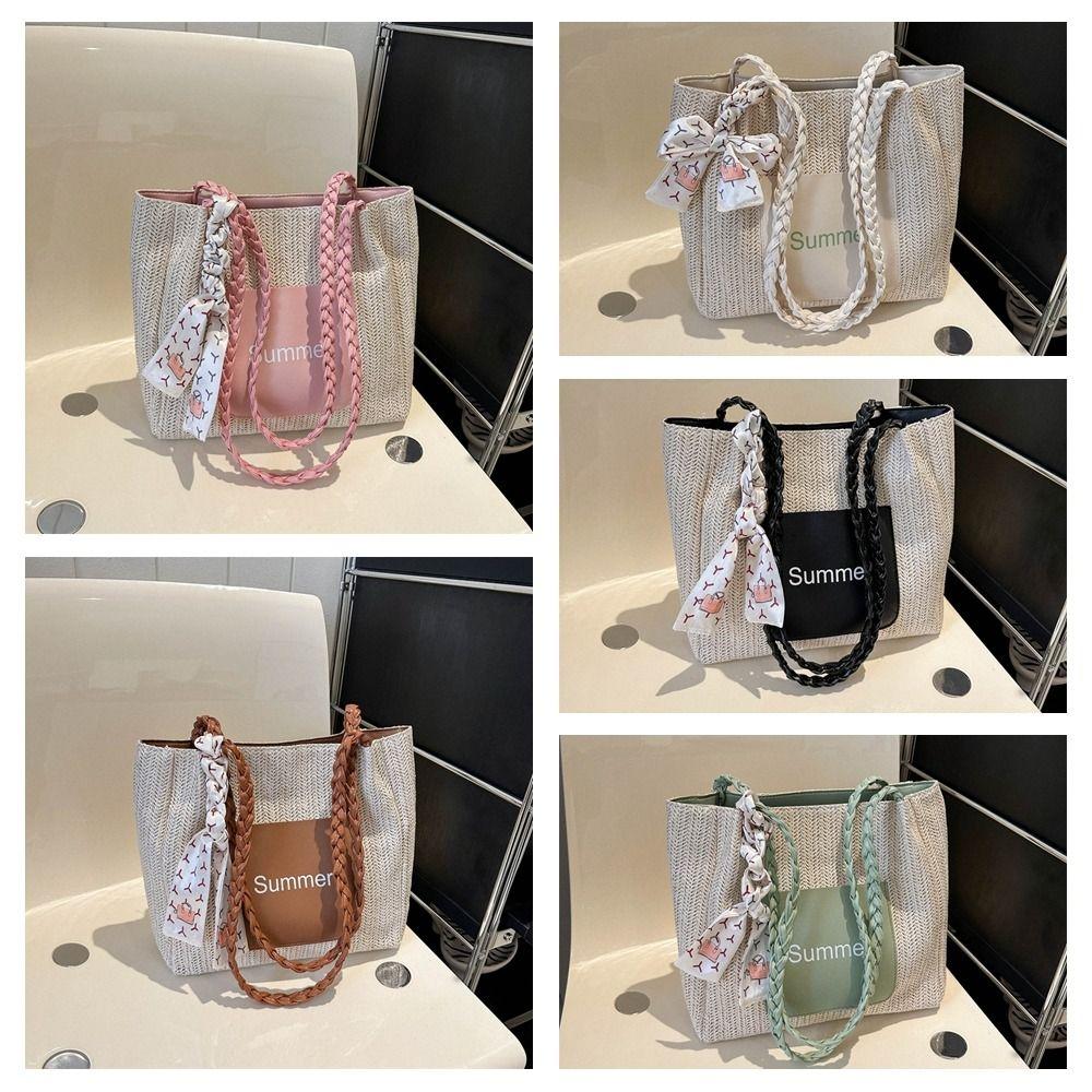 Solid Color Beach Shoulder Bag Balletcore Women Handbag Fashion Straw Woven Tote Bag  Ladies