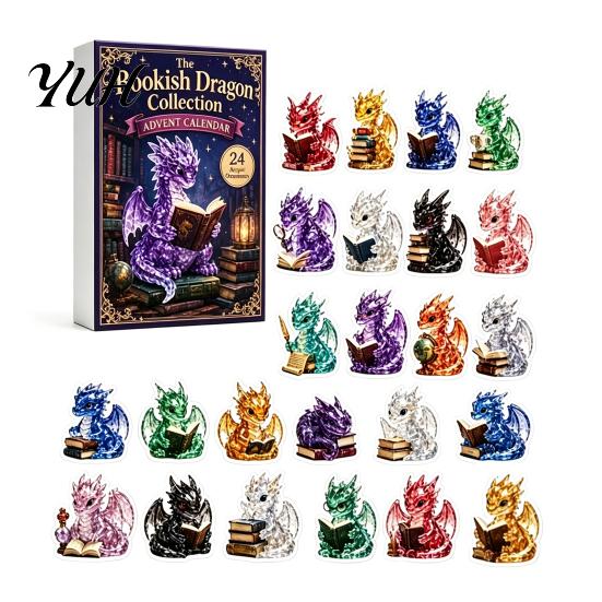 Collectible Dragon Figurines Crystal Advent Calendar 2026, 24 Days Fantasy Reading Book Countdown Calendar, Desktop Decoration for Bookshelves