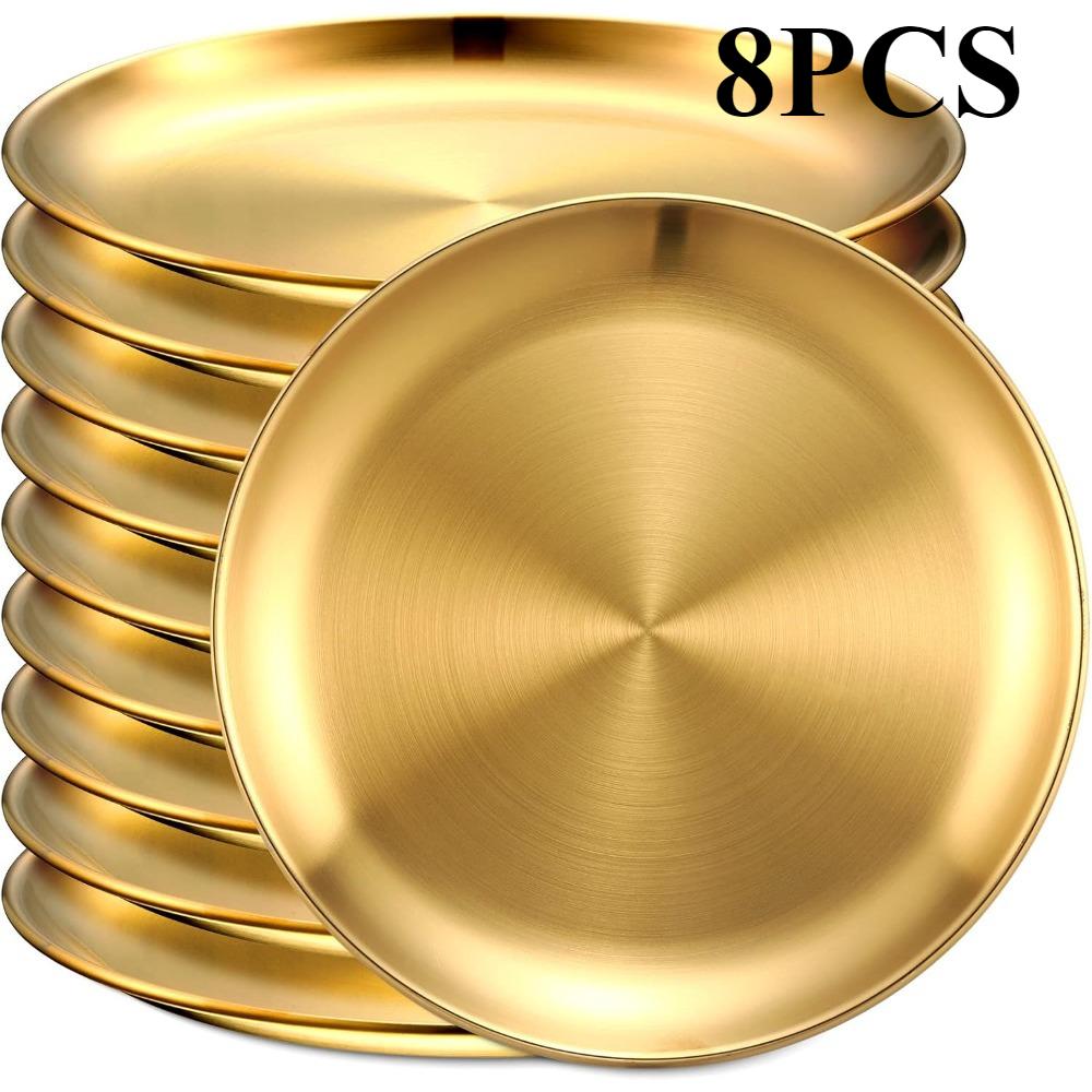 

Набор из 8 золотых тарелок из нержавеющей стали 20 см - Многоразовые, для кемпинга и повседневного использования, Двухслойные, Десертные тарелки, Взрослые тарелки 8 pieces