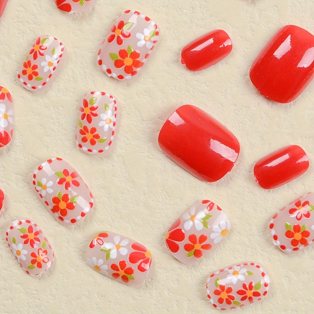 24pcs Glossy Red White Flower Press On Nails - Short Oval False Nails for Women and Girls - Full Cover Spring Summer Nails for Easter