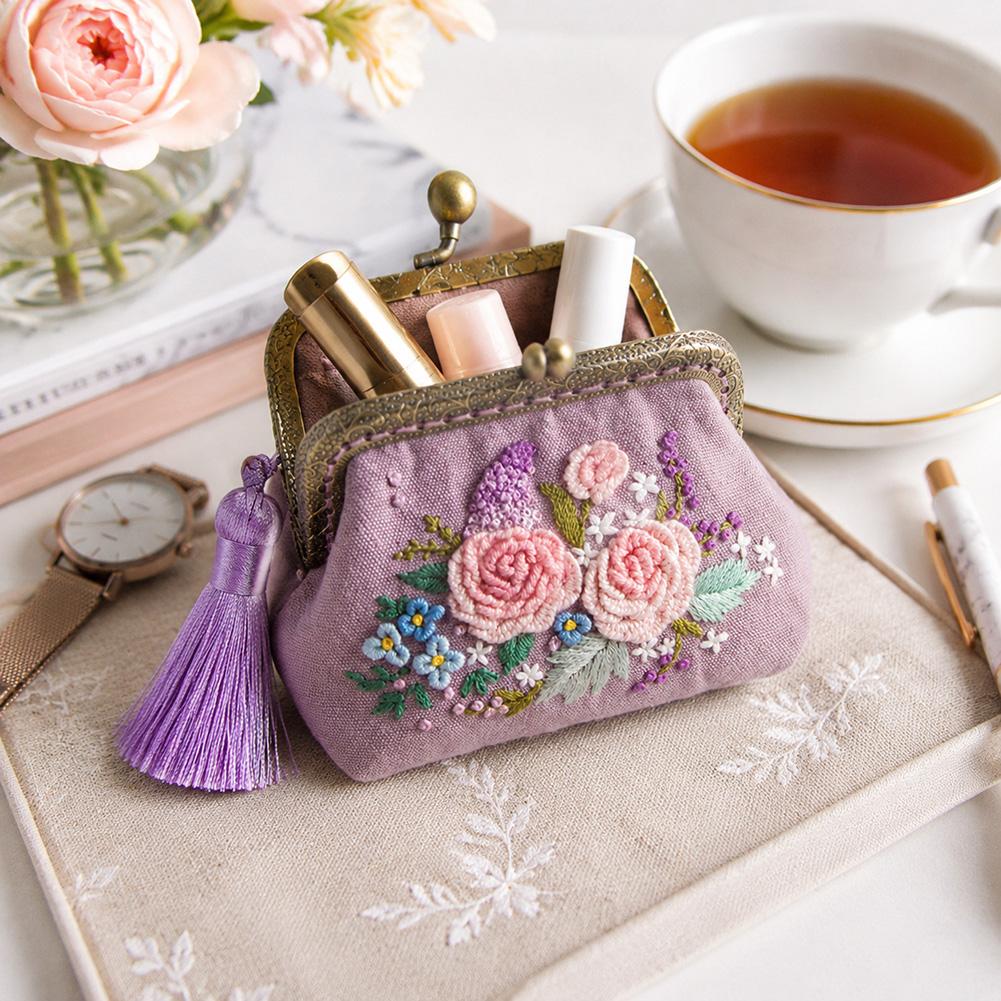 Floral Clasp Purse Embroidery Kit DIY Coin Purse with Pattern & Stitch Guide All-in-One Set for Adult Beginners Handmade Craft