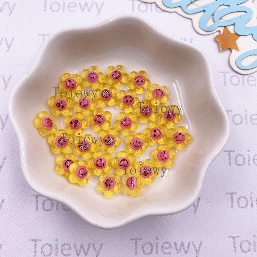 50pcs Resin Mini Colorful Smile Sunflower Art Nail Flat Back Yellow Flower Rhinestone Appliques DIY Scrapbook Crafts Accessories