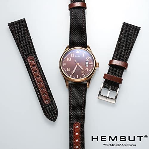 Hemsut Watch Band, Genuine Leather and Nylon Watch Band (22mm Brown + Black), Quick Release Watch Strap, Stainless Steel Silver Watch Buckle. Availabl