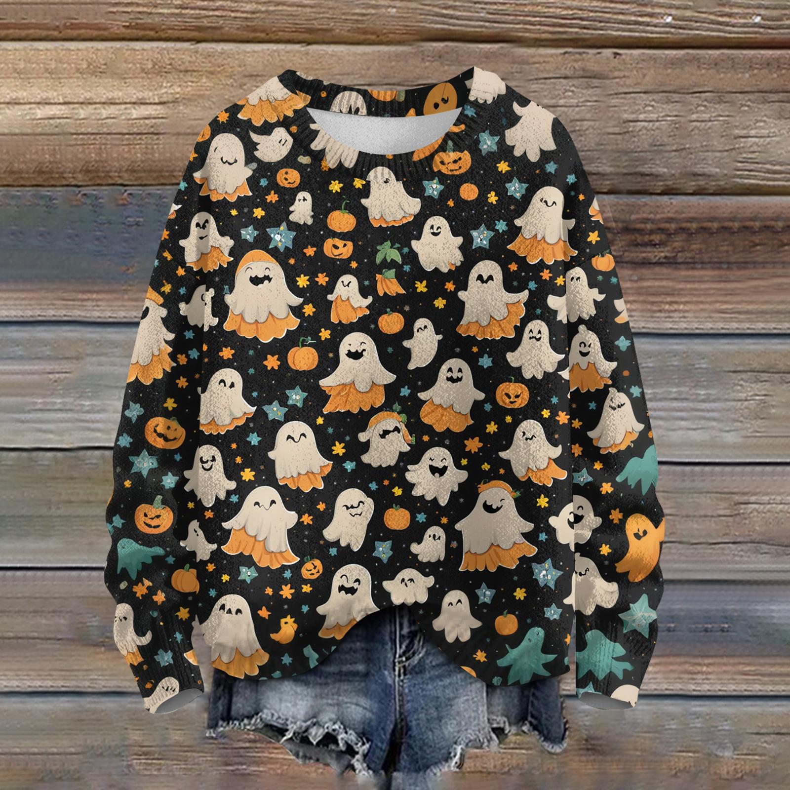 

Женский модный повседневный трикотажный пуловер с длинным рукавом и круглым вырезом с принтом на Хэллоуин L чёрный