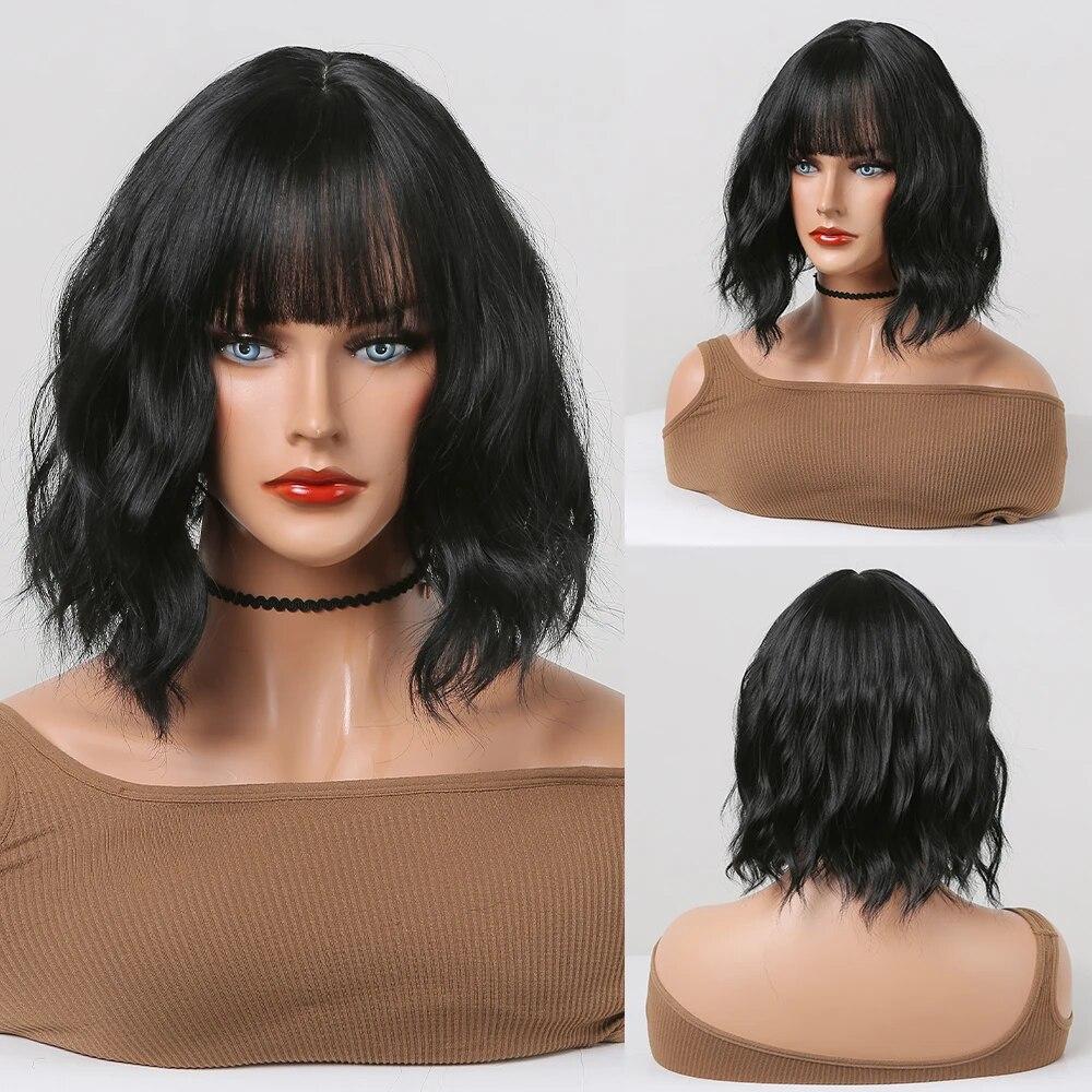 Short Straight Bob Synthetic Wigs with Bangs for Women Brown To Blonde Wig Cosplay Party Daily Heat Resistant Fiber Hair