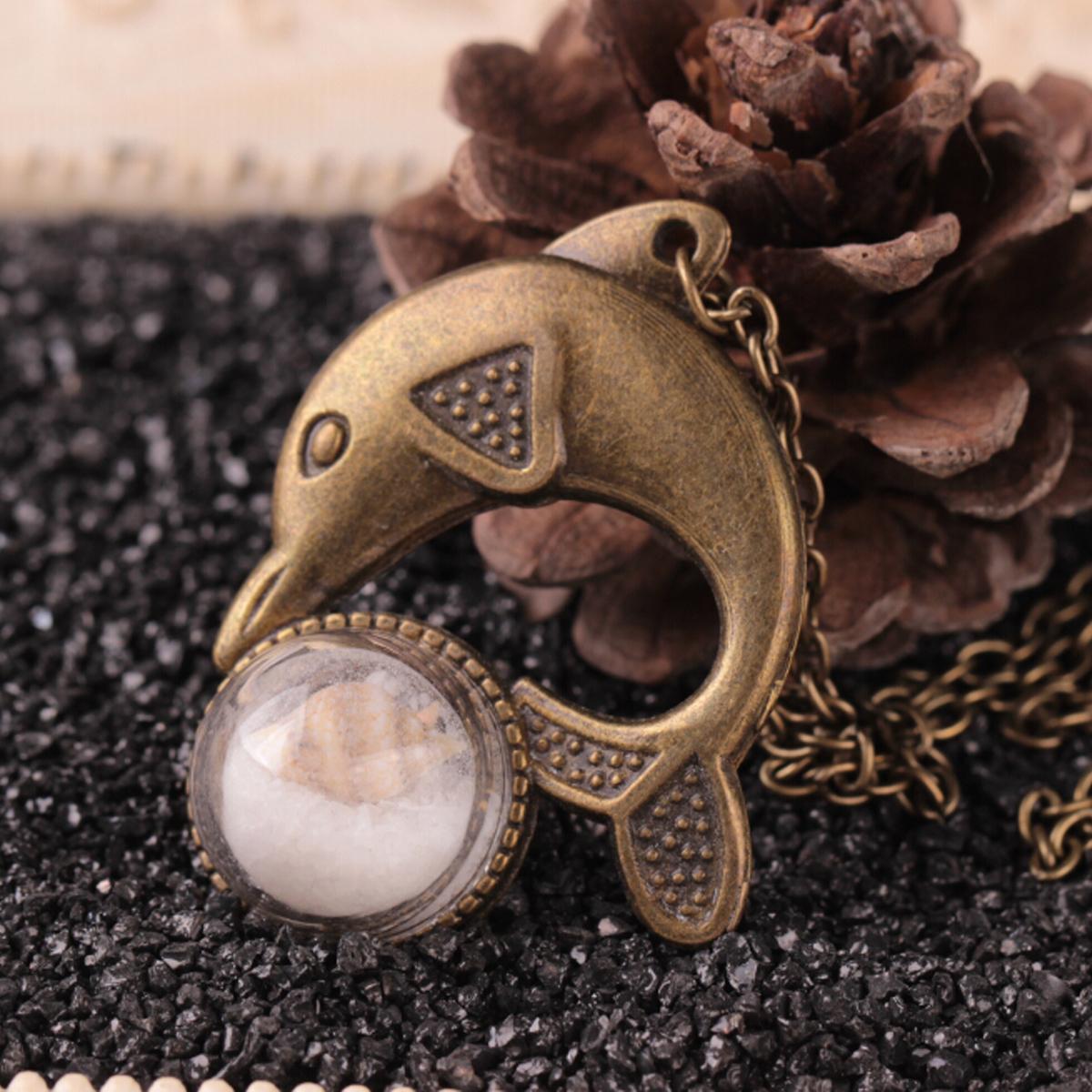 

Retro Unisex Bronze Tone Dolphin Glass Sand Shell Pendant Necklace Jewelry