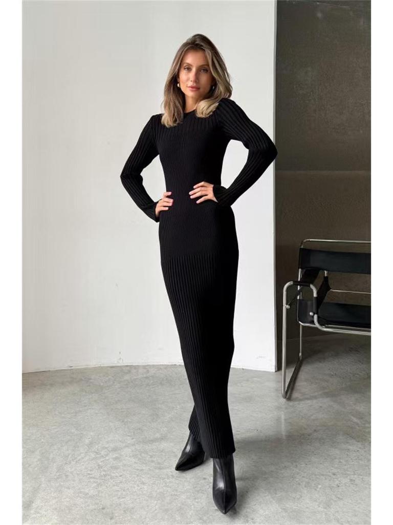 Damen Langarm Herbst/Winter Woll Bodycon Kleid - Gestrickt, Gerippt, Einfarbig, Rundhals
