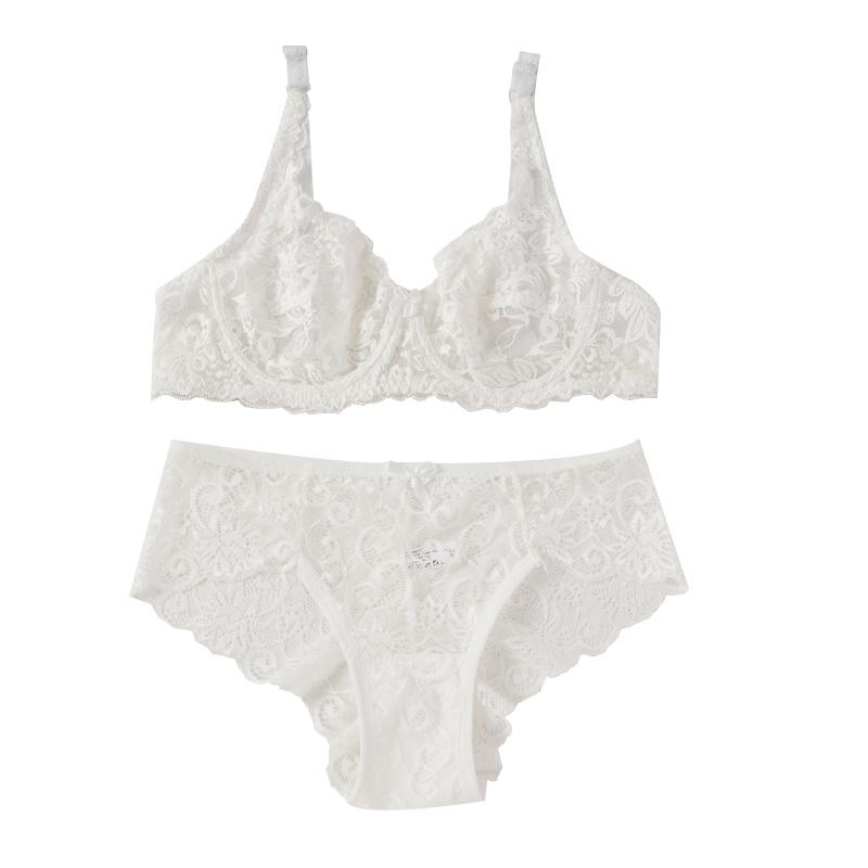 Women's Hollow Non-Padded Underwire Bra Sets 2PCS Sexy Ultra-Thin Lace Push Up Bra Panty Set for Women