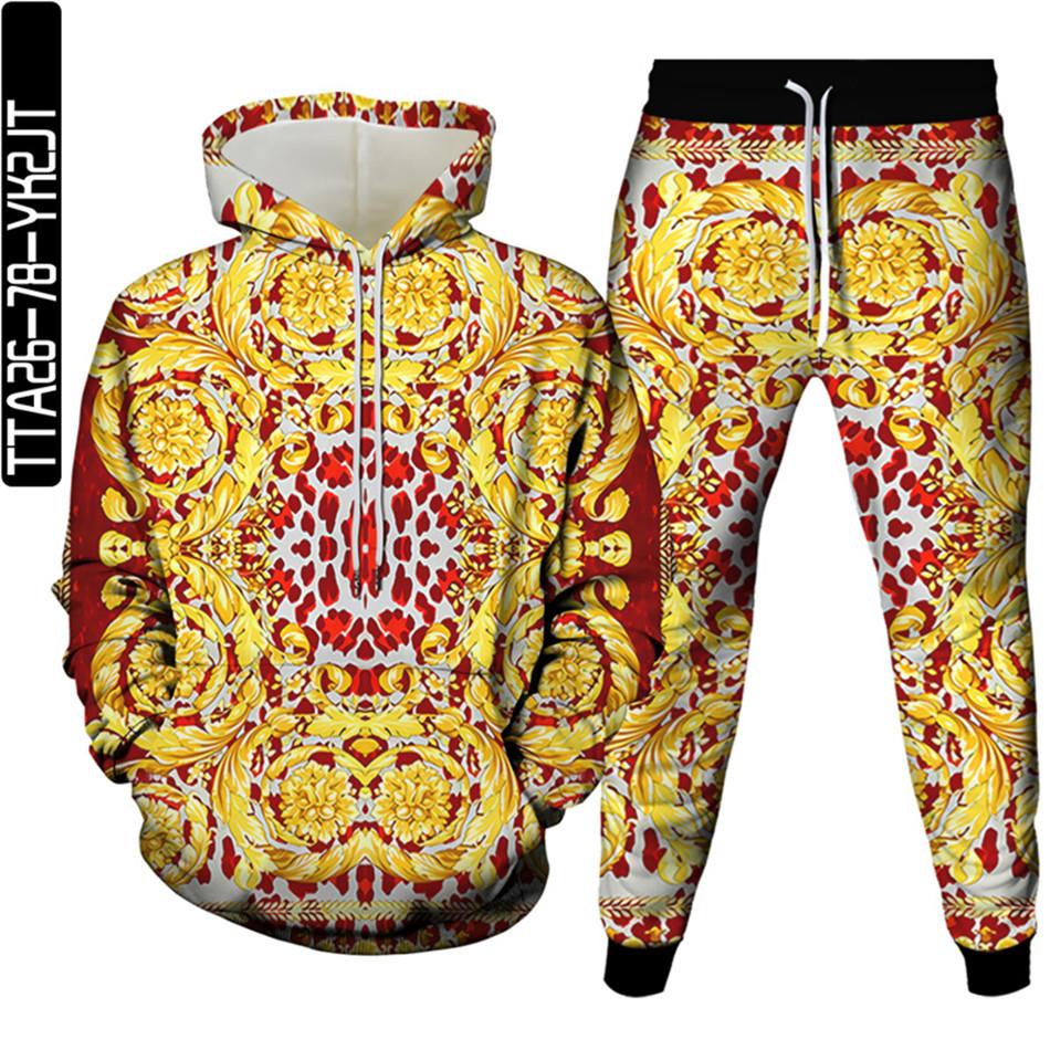 Golden Flowers Male Casual 3D Printed Clothes Sets Luxury Royal Harajuku Autumn Women Hoodies+Trousers 2Pcs Tracksuit Size S-6XL