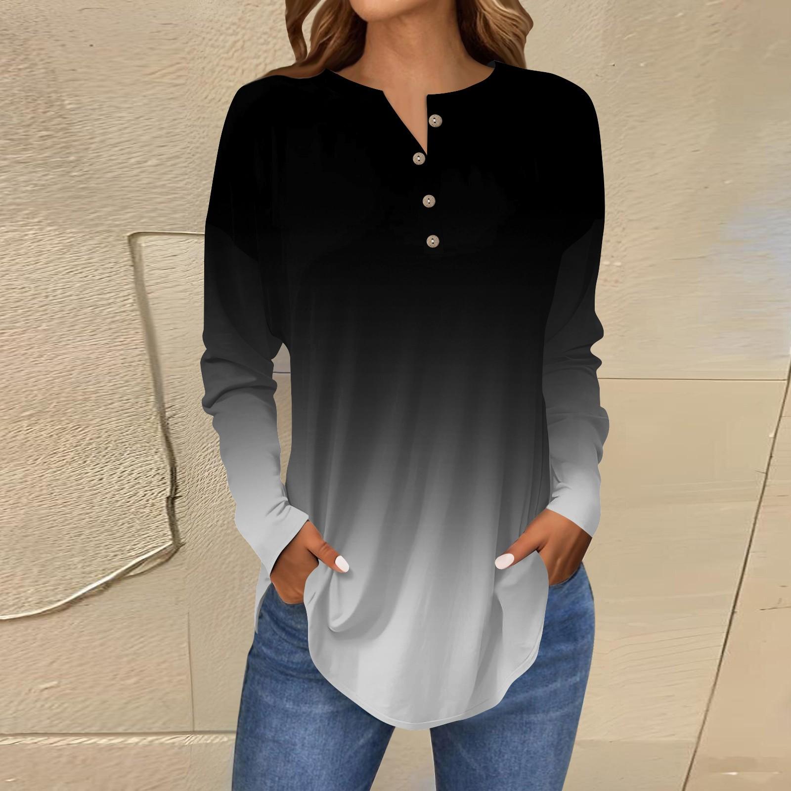 

Женская мода свободный воротник на пуговицах с градиентным принтом длинный рукав футболка топы пуловер S