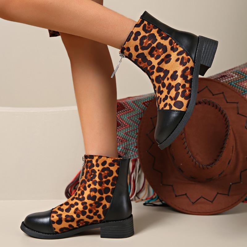 2025 Новые леопардовые замшевые цветные ботильоны на блочном каблуке с передней молнией, противоскользящие, износостойкие, женские модные короткие ботинки