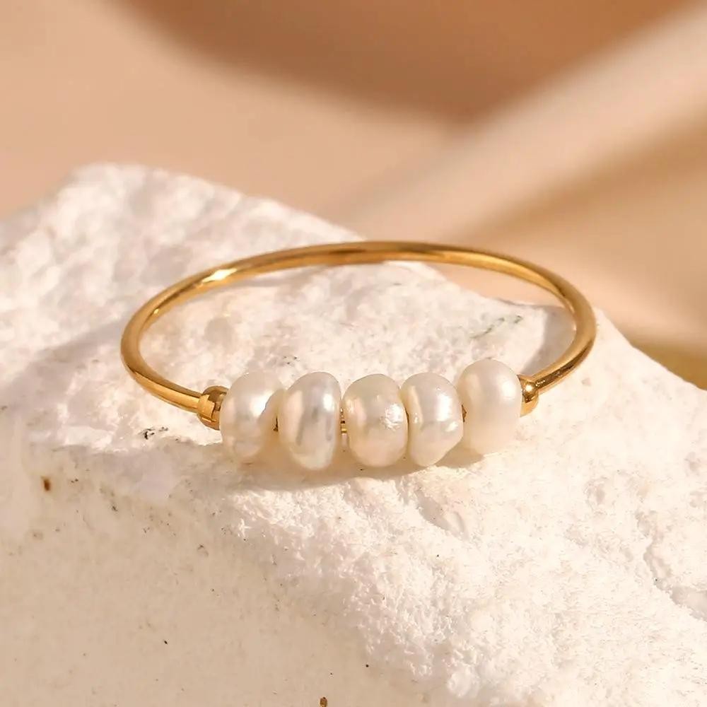 Mariasz Minimalist Dainty Five Simulated Pearls Stainless Steel Rings for Women Stackable Gold Knuckle Jewelry Waterproof
