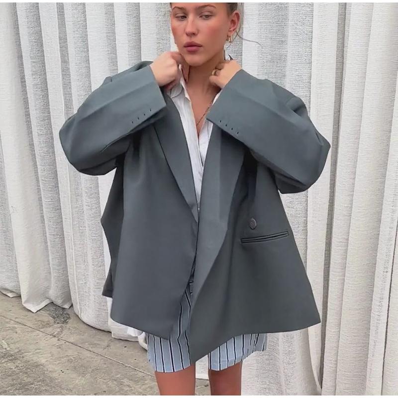 Casual Suit Blazer Coat Women Oversized Double Button Notched Side Slit Jacket Female Autumn Office Shoulder Pads Lady Tops