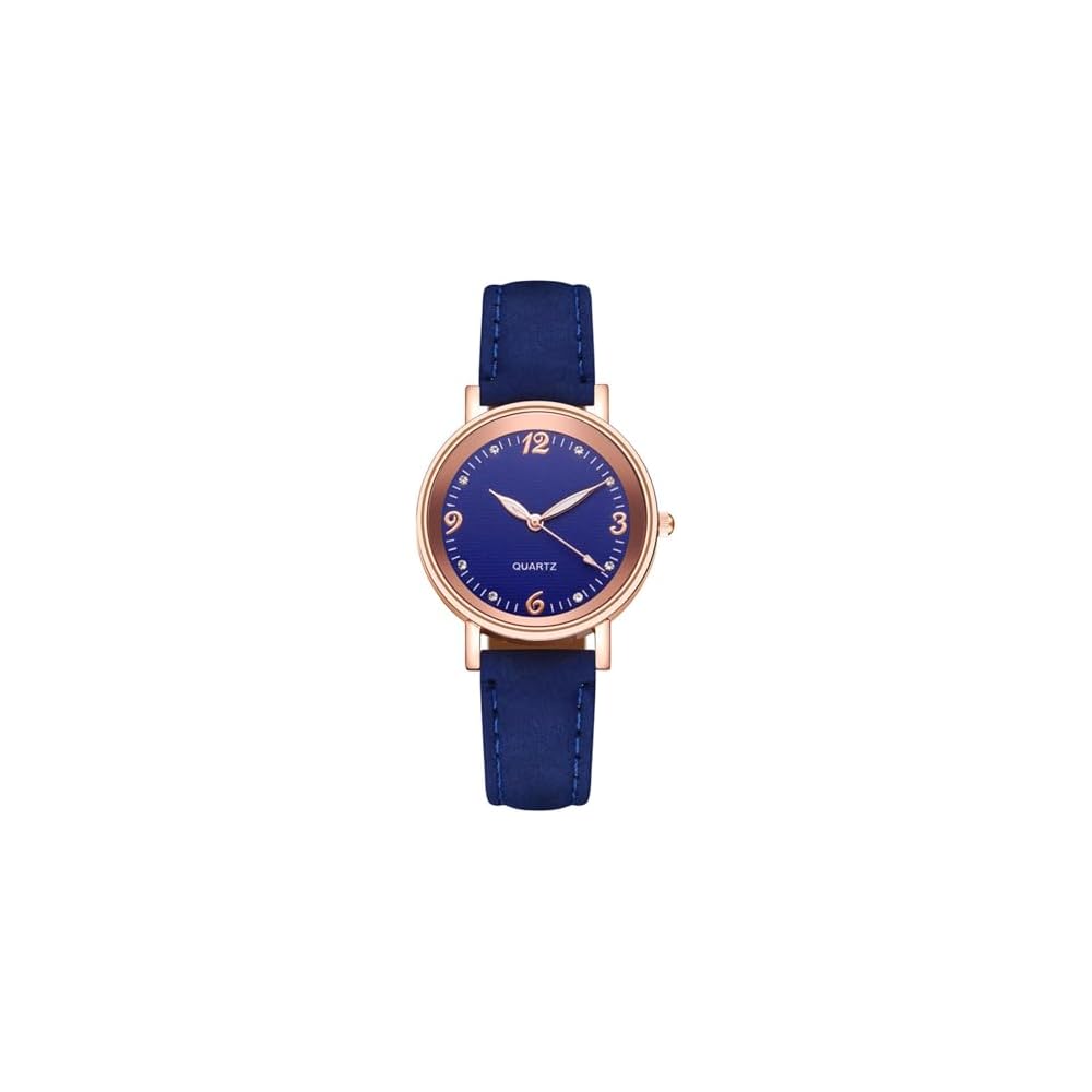 Women's Leather Watch Gold Round Dial Rhinestone Decoration Easy-to-Read Face Leather Strap