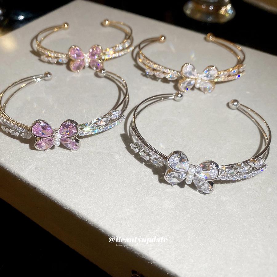 Exquisite French Butterfly Zircon Bracelet - Ultra-Sparkling Double Layer, Elegant & Light Luxury Women's Jewelry