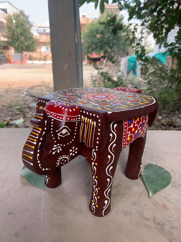 Two-Headed Wooden Elephant Stool Colorful Painted Mini Table