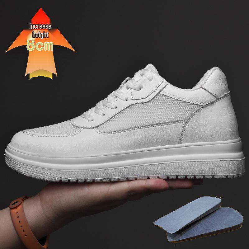 Men's Fashion Casual White Cowhide Sneakers with Invisible Height Boost (6CM and 8CM Options)