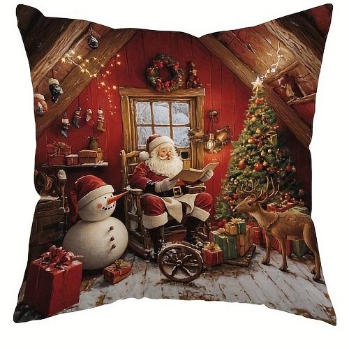 

Christmas pillowcase: Santa Claus and his partner sitting in a warm hut New Year home decoration 2d flat printing 16x16Inch