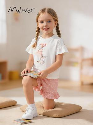 Girls' Trendy Summer Two-Piece Outfit - Short Sleeve Round Neck for Small and Medium Children.