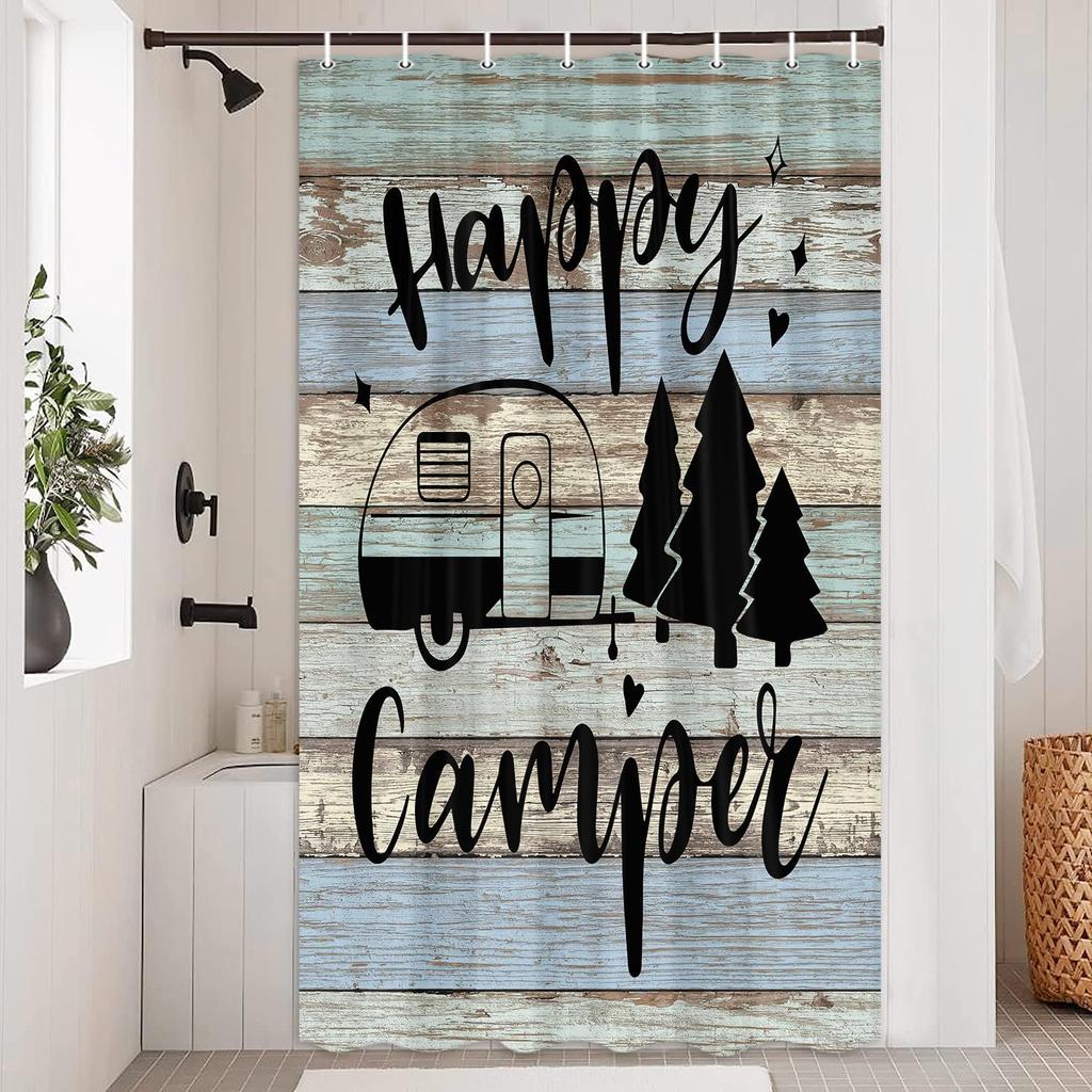 Camper RV Travel Trailers Shower Curtain, Farmhouse Camping Shorter and Narrow Fabric Shower Curtains, Rustic Camp Bathroom Curtain Liner with Hooks