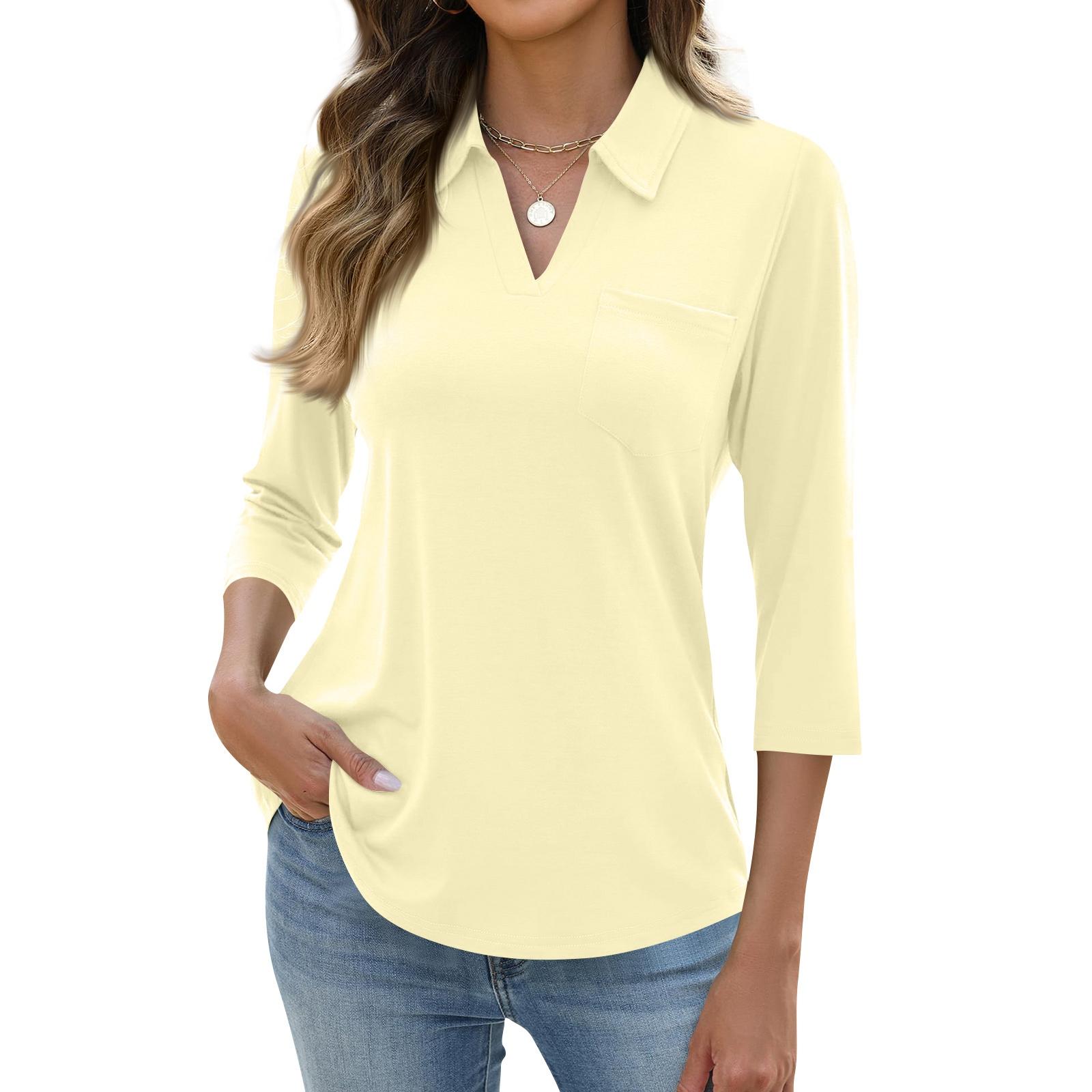 

Women s Fashion Casual Lapel Short 3/4 Sleeve Color Shirt Women s Up Tops XL бежевий
