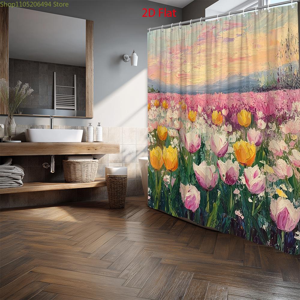 2D Flat, 2D Flat, 1pc 2D Flat Spring Tulip Shower Curtain | Colorful Floral Landscape Polyester Bathroom Decor with 12 Hooks,