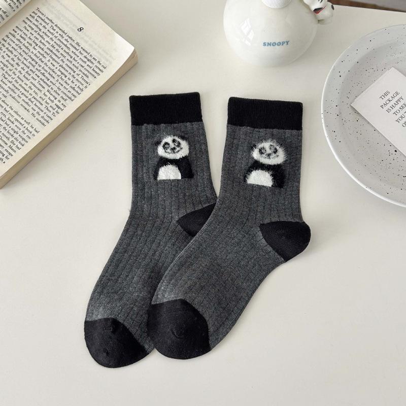 Szare Panda 3D Filcowe Kreskówkowe Skarpety do Połowy Łydki dla Kobiet - Japoński Styl Jesień/Zima Ciepło