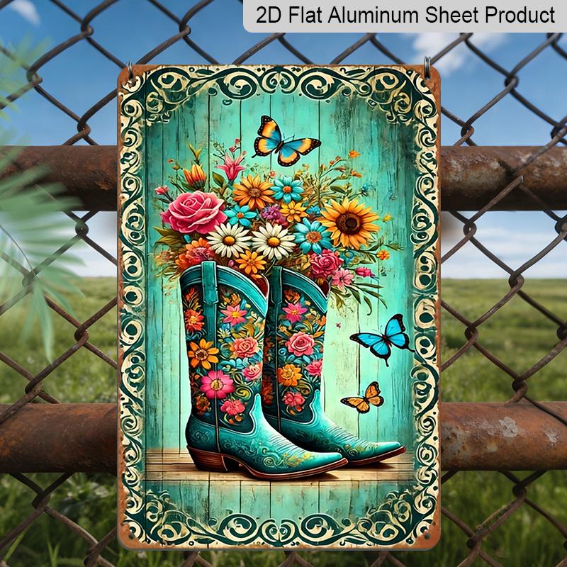 

2D Flat, 1pc Western Retro Floral Boots Aluminum Wall Art Sign - 8x12 Inch Rustic Turquoise Boots with Vibrant Flowers & Butterflies, Durable 20*30cm