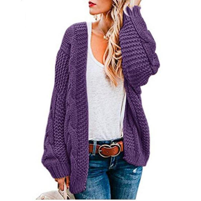 Women S Mid Length Loose Fit Chunky Knit Cardigan Casual Solid Color Outerwear