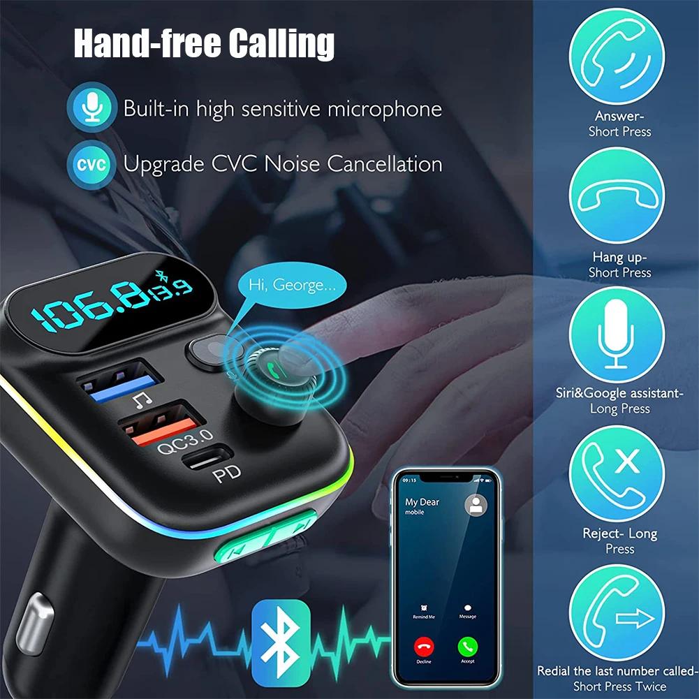 Rychlonabíječka do auta Bluetooth 5.0 FM vysílač PD Duální Přehrávač Hudby Typ-C Barevné Okolní MP3 Světlo Zásuvka Zapalovače USB