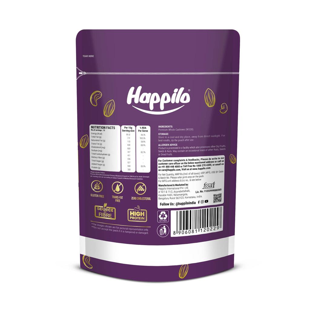 Happilo Premium Natural Whole Cashews 200g Value Pack | Dry Fruits, Kaju, Healthy Snacks | Unsalted Cashew Nuts | Crunchy, Nutritious & Delicious