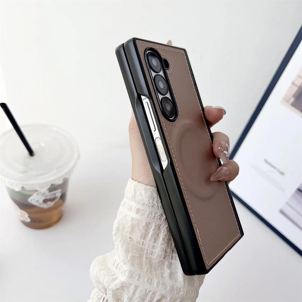Magnetic Leather Phone Case for Samsung Galaxy Z Fold 7 6 5 4 3 Fold7 Fold6 Fold5 5G with Magsafe Protective Cover for Hinges