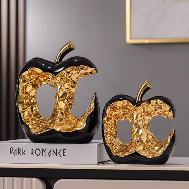 Gold Plated Hollow Apple Sculpture, Ceramic Crafts, Office Desktop Ornaments, Apple Model Sculptures, Living Room Decorations