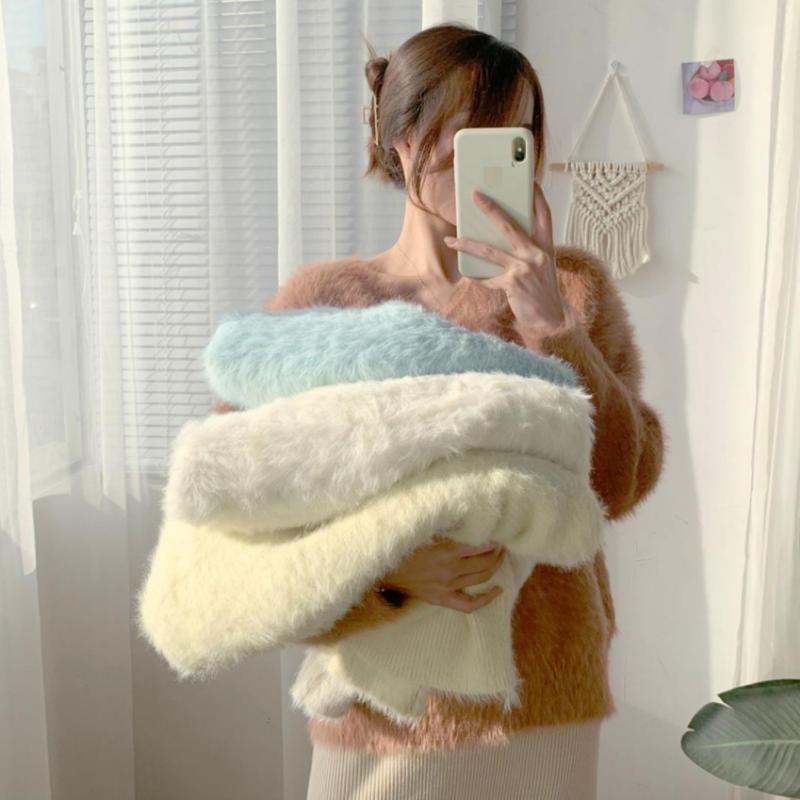Svetr imitace norky dámský podzim a zima nový teplý volný svetr s výstřihem do V pevný svetr s dlouhým rukávem dámský top