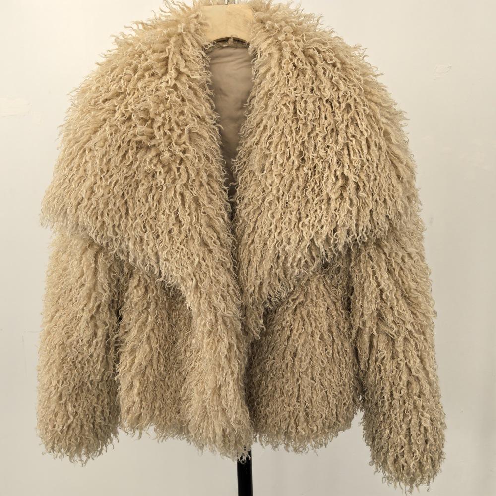 Damen Winter Kunstpelzmantel mit großem Revers - Imitation Waschbärfell