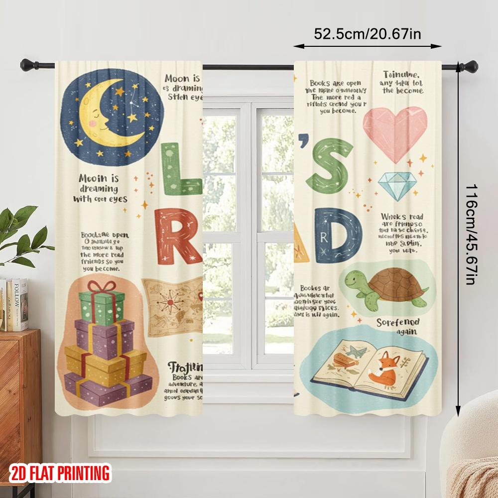 2pcs 2D Flat Printing Scene Curtains Dream Read Books Adventure Polyester Without Electricity 0 Use for Classroom Office